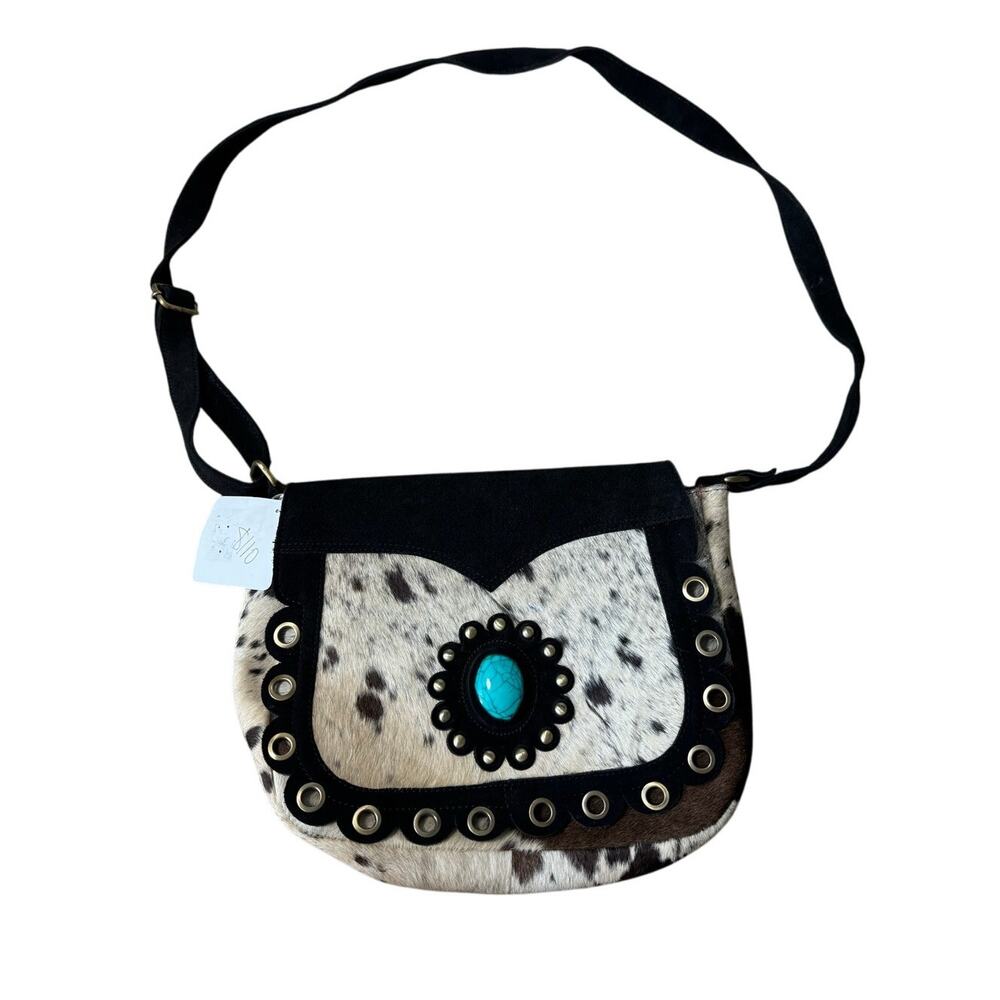 Macy Nicole Hair-On Hide Leather Crossbody Saddle Bag Western Turquoise Concho